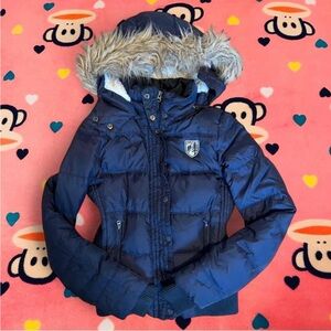 American Eagle Outfitters Navy Puffer Jacket with Faux Fur Hood